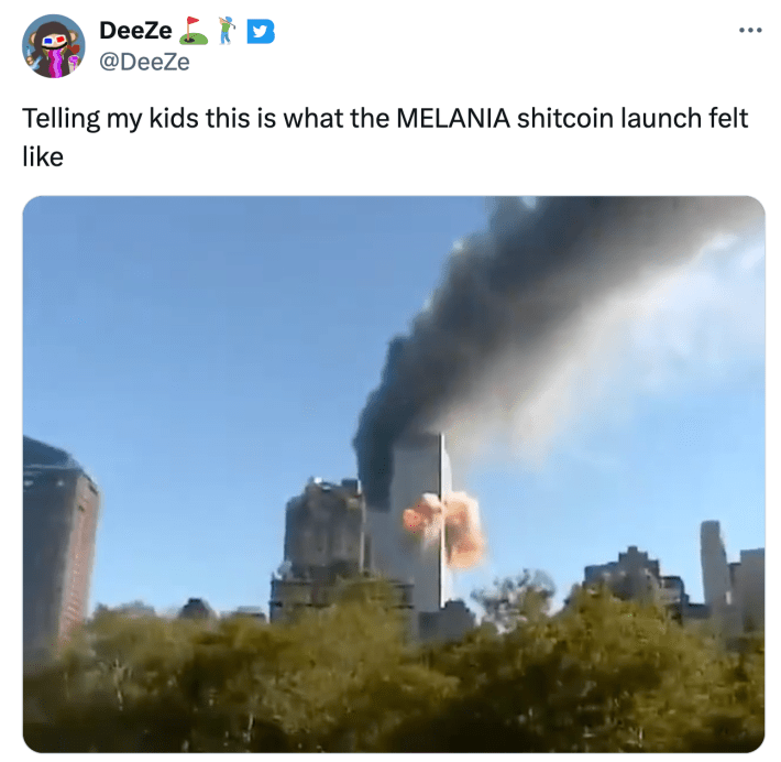 Meme about Trump and Melania releasing crypto meme coins ahead of the inauguration. Text reads, "Telling my kids this is what the MELANIA sh*tcoin launch felt like" with a shot of a plane crashing into the World Trade Center.