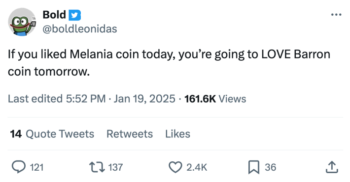 Meme about Trump and Melania releasing crypto meme coins ahead of the inauguration. Text reads, "If you liked Melania coin today, you’re going to LOVE Barron coin tomorrow."