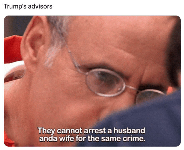 Meme about Trump and Melania releasing crypto meme coins ahead of the inauguration. Text reads, "Trump's advisors: They cannot arrest a husband and a wife for the same crime."