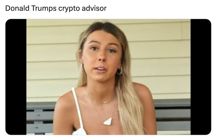 Meme about Trump and Melania releasing crypto meme coins ahead of the inauguration. Text reads, "Donald Trumps crypto advisor" with a photo of Hailey Welch.