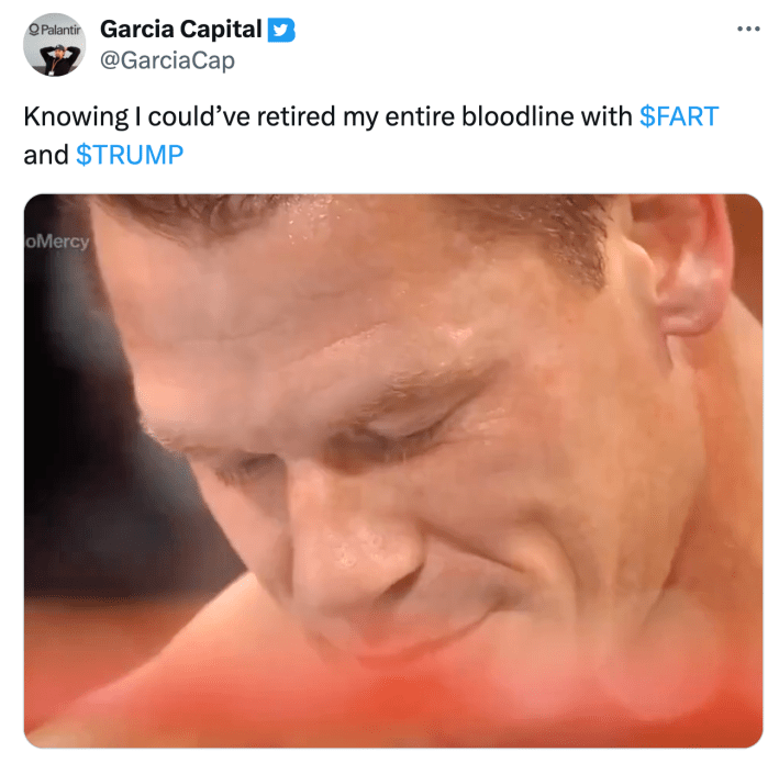 Meme about Trump and Melania releasing crypto meme coins ahead of the inauguration. Text reads, "Knowing I could’ve retired my entire bloodline with $FART and $TRUMP" with a GIF of John Cena looking down.