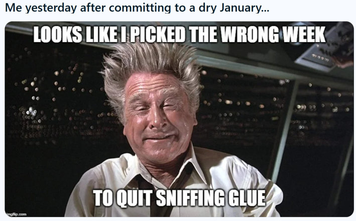 Reddit post that reads, "Me yesterday after committing to a dry January..." with a meme from the movie Airplane that reads, "Looks like I picked the wrong week to quit sniffing glue."