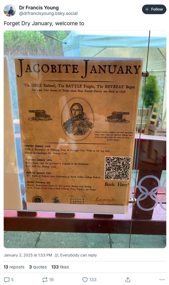 Post that reads, "Forget Dry January, welcome to: with a photo of a poster that reads, "Jacobite January."