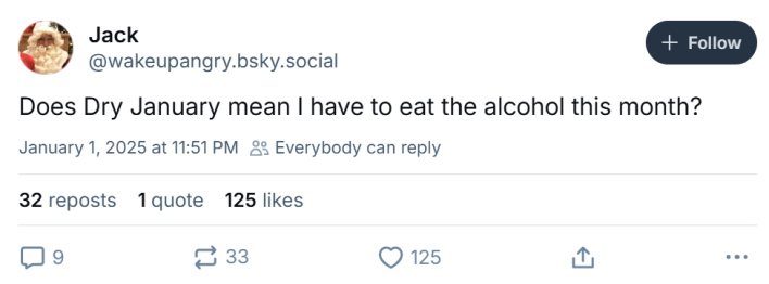 Post that reads, "Does Dry January mean I have to eat the alcohol this month?"