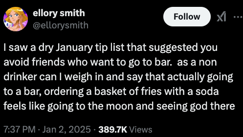 Dry January meme with a skeletal figure in a field of yellow flowers. Text reads, "Let dry January commence."