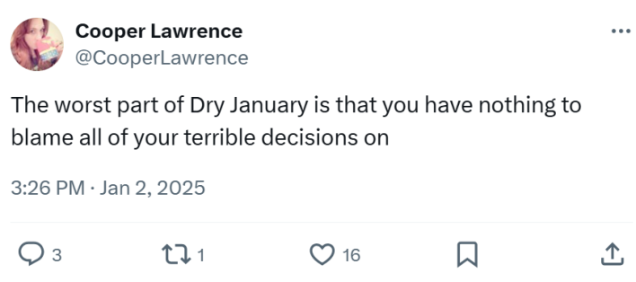 Tweet about Dry January that reads, "The worst part of Dry January is that you have nothing to blame all of your terrible decisions on"