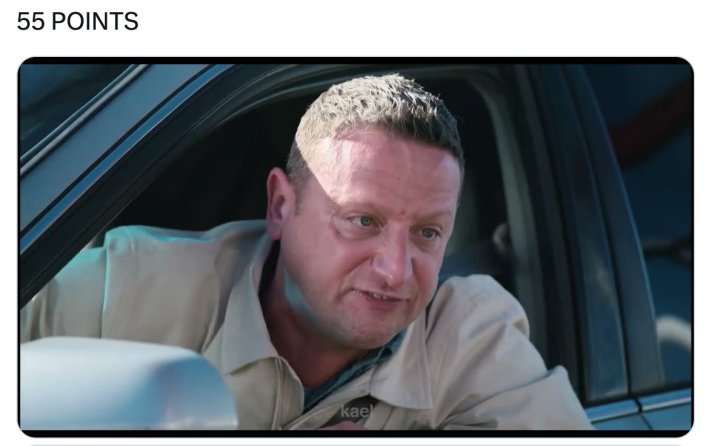 Eagles Super Bowl meme, text reads, "55 POINTS" with a photo of a man leaning out of a car window looking like he's about to burst a blood vessel.