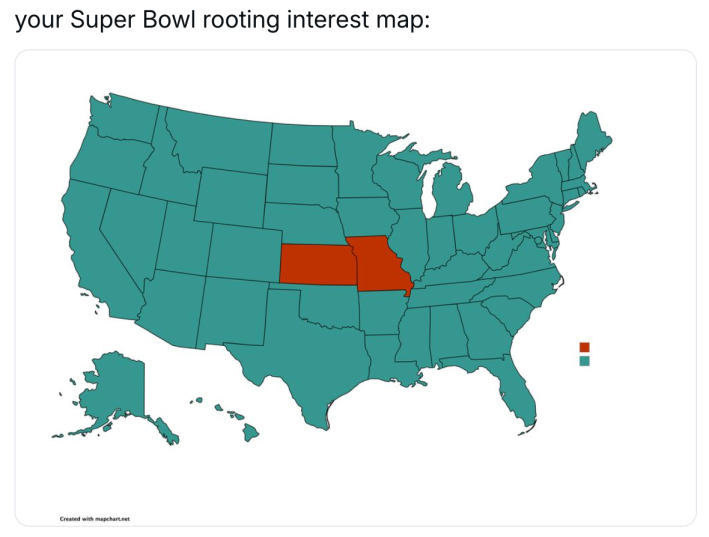 Eagles Super Bowl meme, text reads, "your Super Bowl rooting interest map:" with a graphic of the United States and only two states rooting for the Chiefs, everywhere else rooting for the Eagles.