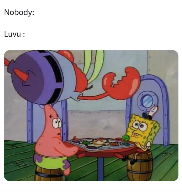 Eagles Super Bowl meme, text reads, "Nobody: Luvu:" with a still of Mr. Krabbs body slamming a board game Patrick and Sponge Bob are playing.