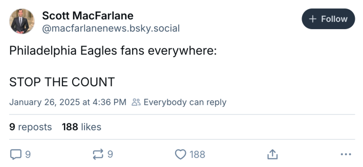 Eagles Super Bowl meme, text reads, "Philadelphia Eagles fans everywhere: STOP THE COUNT"