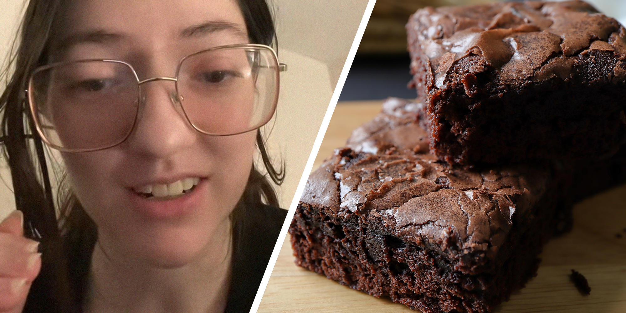 woman wearing glasses(l) Fresh Brownies(r)