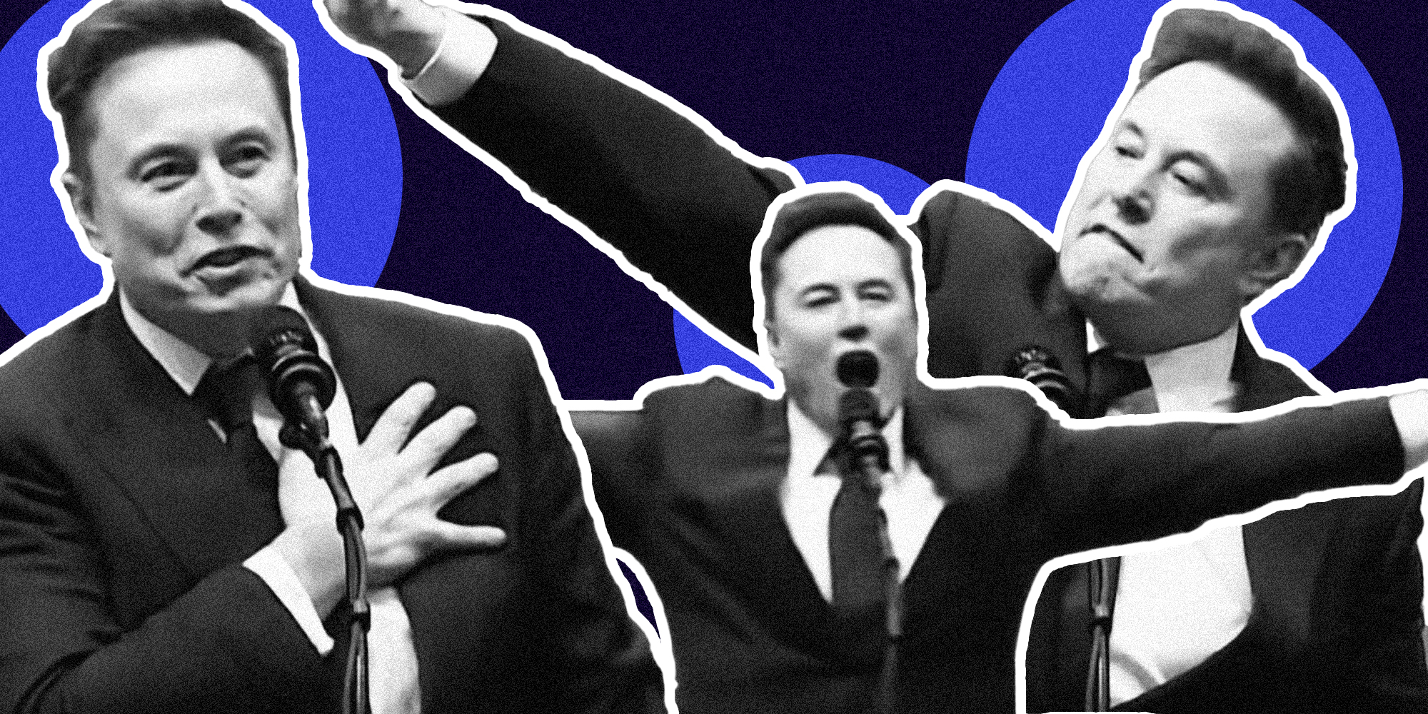 Elon musk with hand to chest(l), arms open(c), giving nazi salute(r)