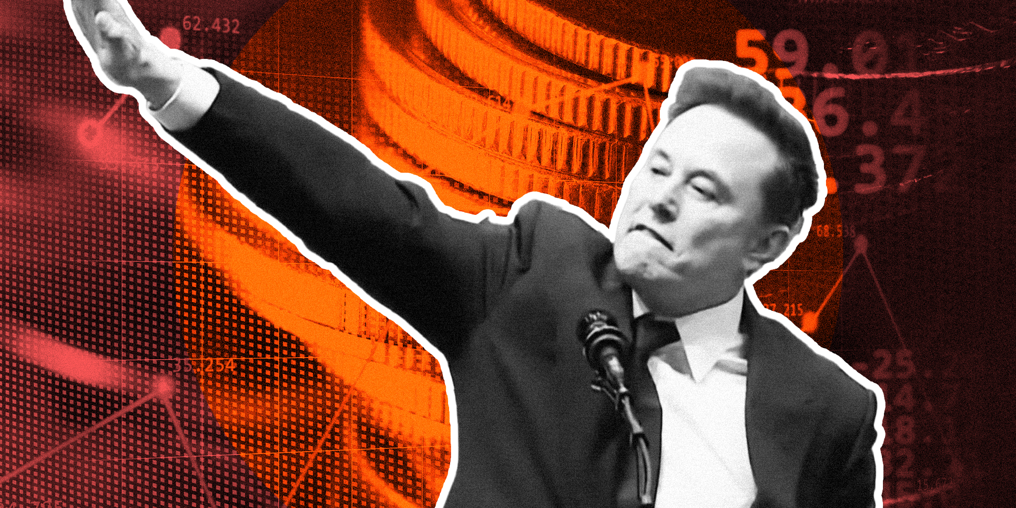 Elon musk giving nazi salute over bit coins and market graphics