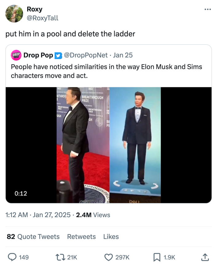 Tweet about Elon Musk's movements looking like Sims. Comment reads, "put him in a pool and delete the ladder."