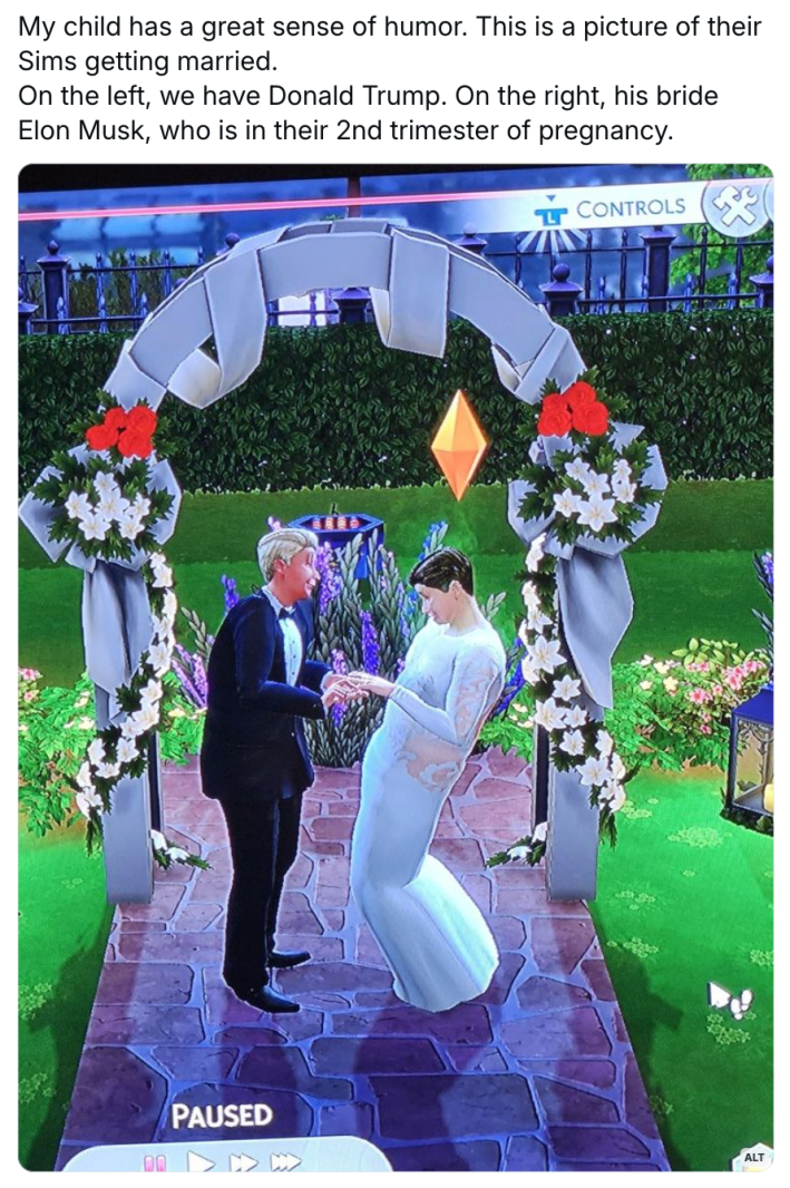 Post about Elon Musk's movements looking like Sims. Comment reads, "My child has a great sense of humor. This is a picture of their Sims getting married. On the left, we have Donald Trump. On the right, his bride Elon Musk, who is in their 2nd trimester of pregnancy." with a photo of the described scene.