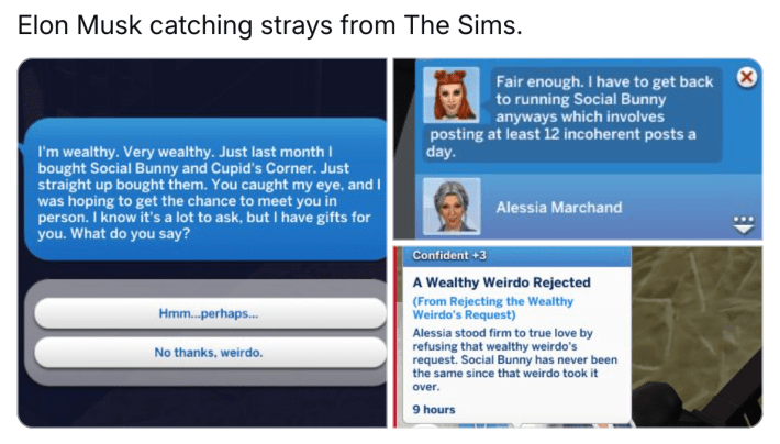 Post about Elon Musk's movements looking like Sims. Comment reads, "Elon Musk catching strays from The Sims." with screenshots from the Sims update of the "Wealthy Weirdo" NPC.