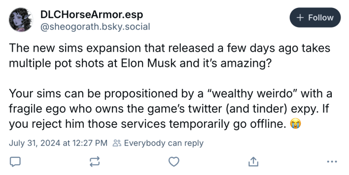 Tweet about Elon Musk's movements looking like Sims. Comment reads, "