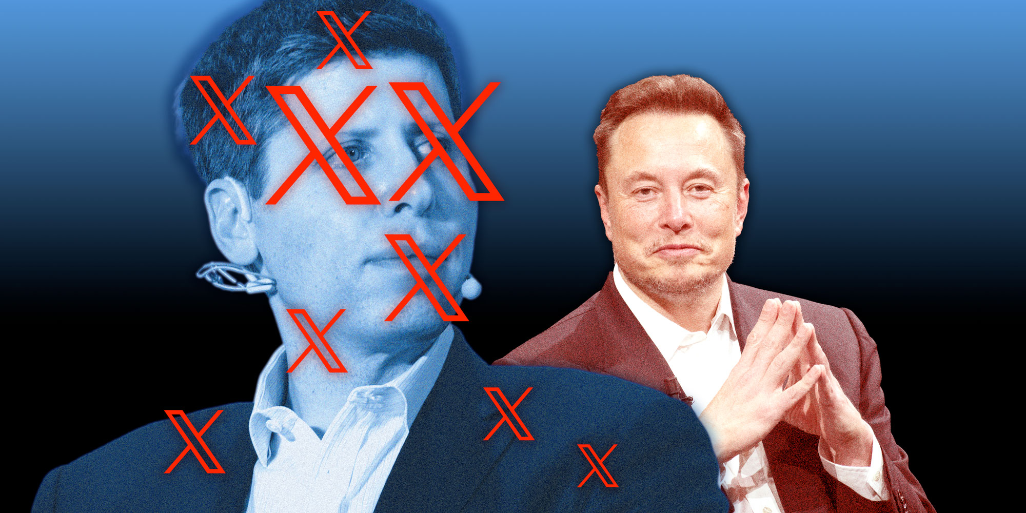 X (formally Twitter) logos cover Sam Altman, CEO of OpenAI. A photo of Elon Musk is behind him.