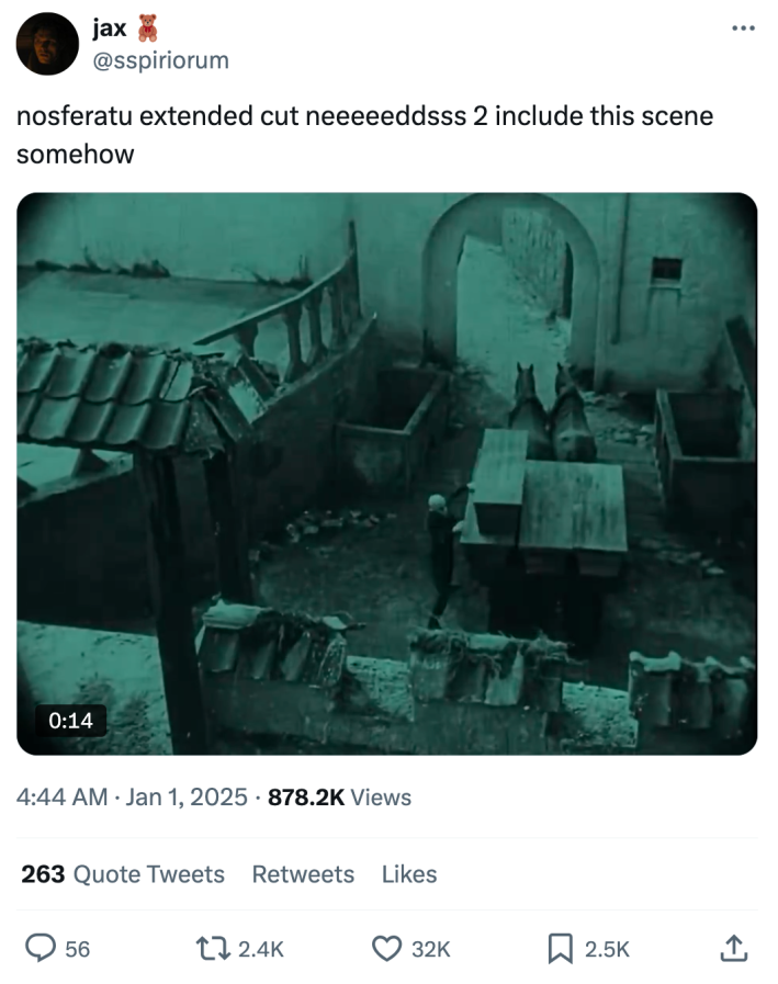 Nosferatu extended cut reaction, text reads, "nosferatu extended cut neeeeeddsss 2 include this scene somehow" with a video of the original Count Orlok loading empty coffins onto a cart.