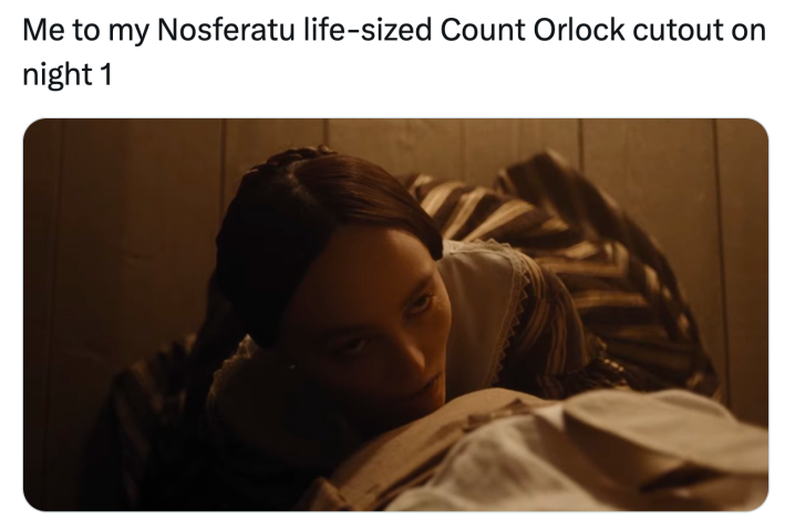 Nosferatu cardboard cutout meme, text reads, "Me to my Nosferatu life-sized Count Orlock cutout on night 1" with a screenshot of a woman looking up at her partner from the ground.