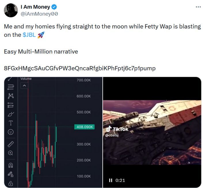 Tweet showing a cryptocurrency stock graph alongside a clip of a sci-fi spaceship.