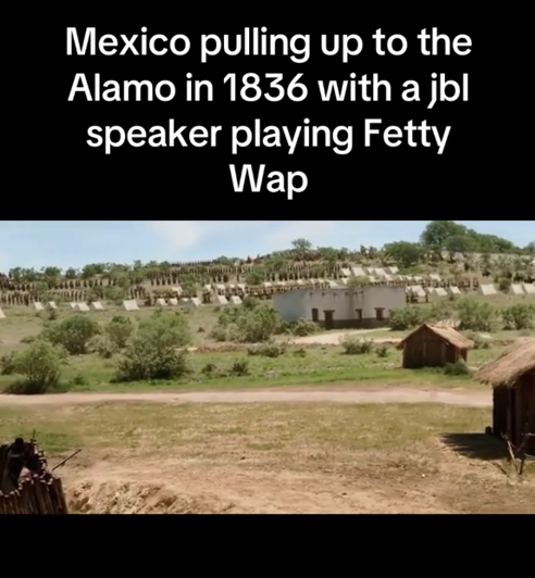 Fetty Wap JBL Speaker meme showing the Mexican army arriving at the Alamo.