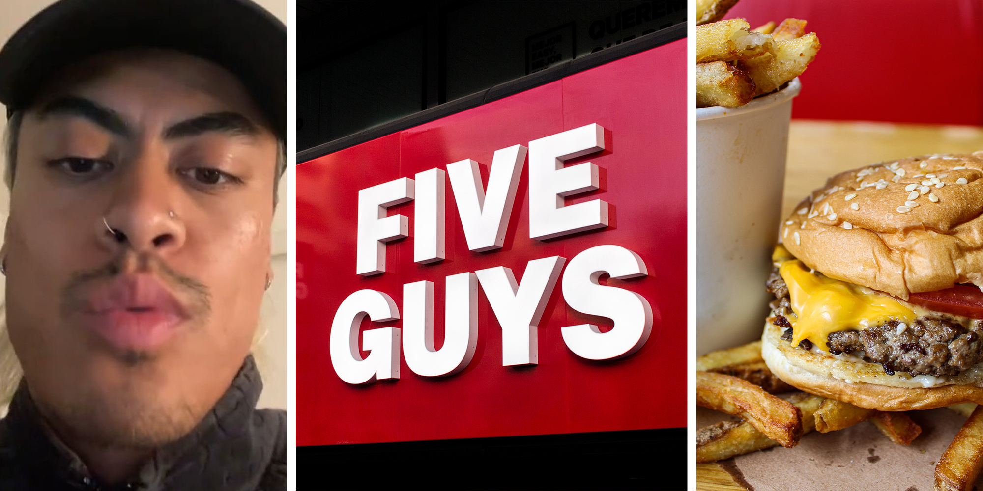 guy sharing five guys glitch(l) Five Guys Store Sign(c) Five Guys Burger(r)