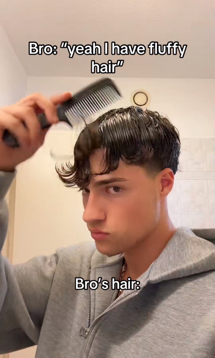 Screenshot of a young man with wet hair in cowlicks staring at the camera as he brushes it out with a comb. Text overlay reads, "Bro: 'yeah I have fluffy hair' Bro's hair:"