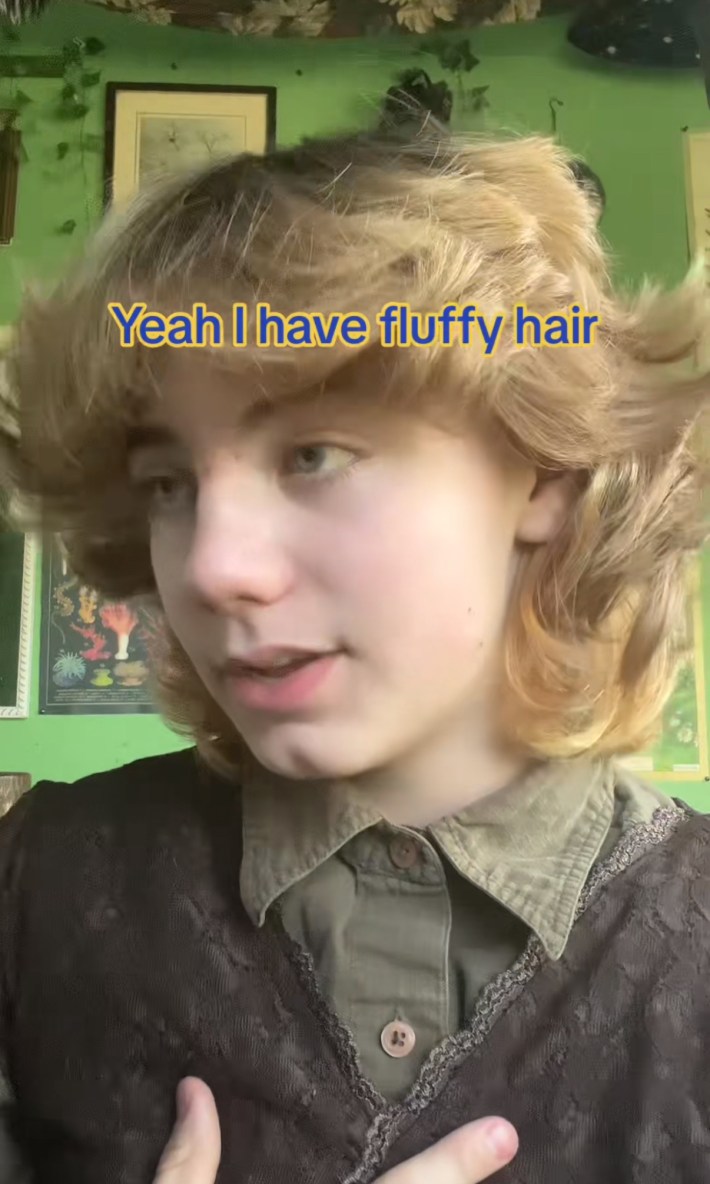 Screenshot of a young man with a fully head of hair "talking" to someone off-camera saying, "Yeah I have fluffy hair."