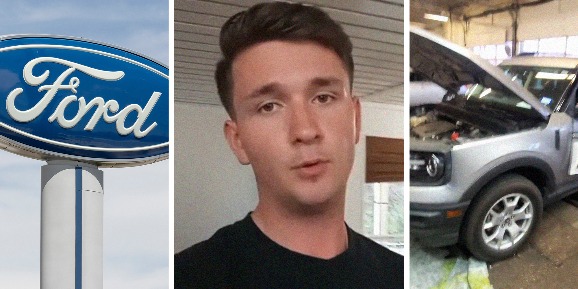 Ford Dealer Sign(l) Mechanic shares opinion on TikTok Platform(c) Ford Bronco with hood open(r)