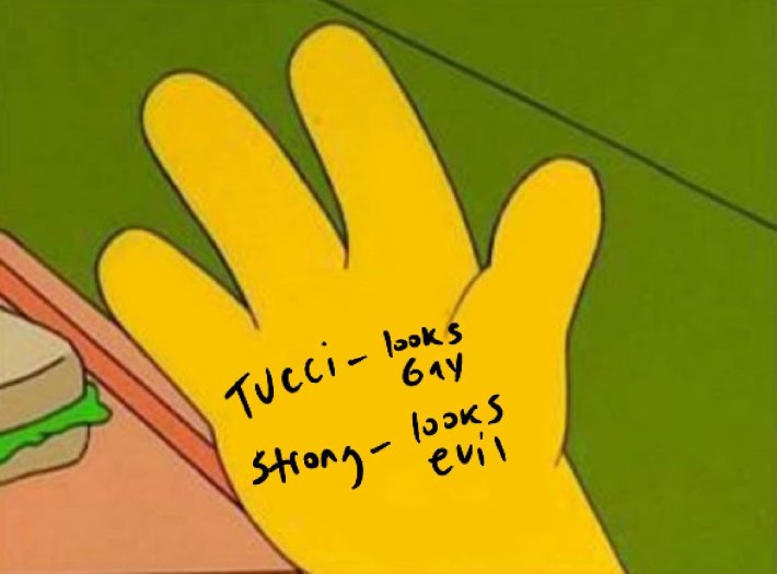 Golden Globes meme of a Simpson character hand, text on the hand reads, "Tucci - looks gay. Strong - looks evil"
