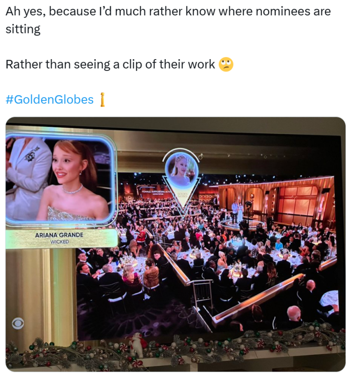 Golden Globes meme, text reads, "Ah yes, because I’d much rather know where nominees are sitting Rather than seeing a clip of their work (rolling eyes emoji)"