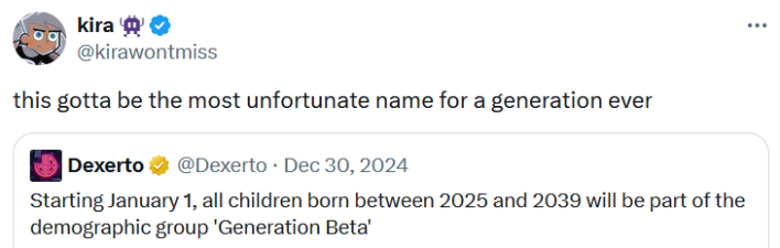 Tweet reading "this gotta be the most unfortunate name for a generation ever."