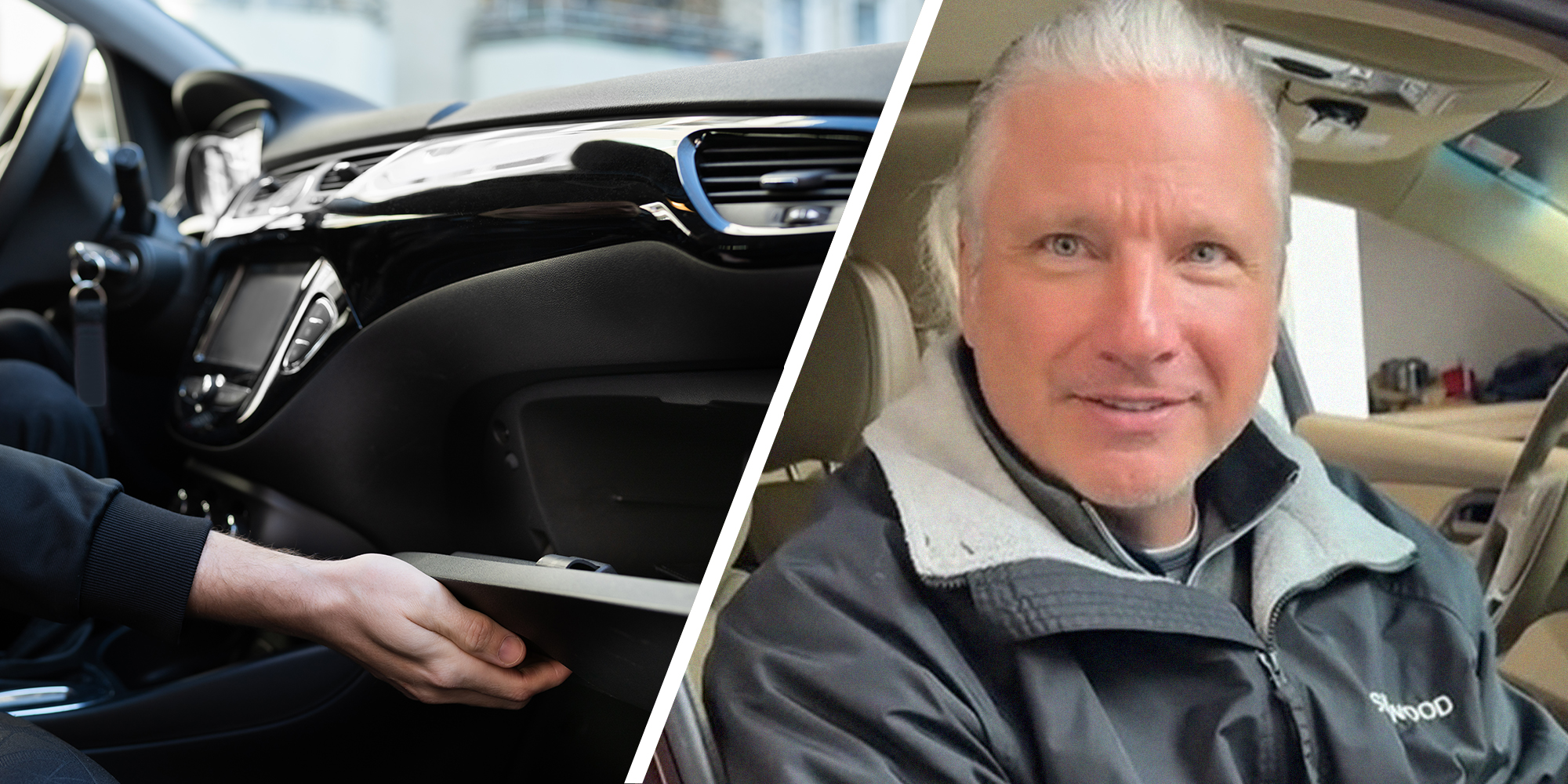 hand opening up Glove Box(l) mechanic shares tip for glove box(r)