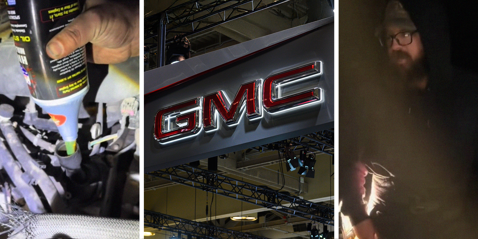 Engine Fluid(l) GMC Dealer Logo(c) Man wearing hoodie during night time(r)