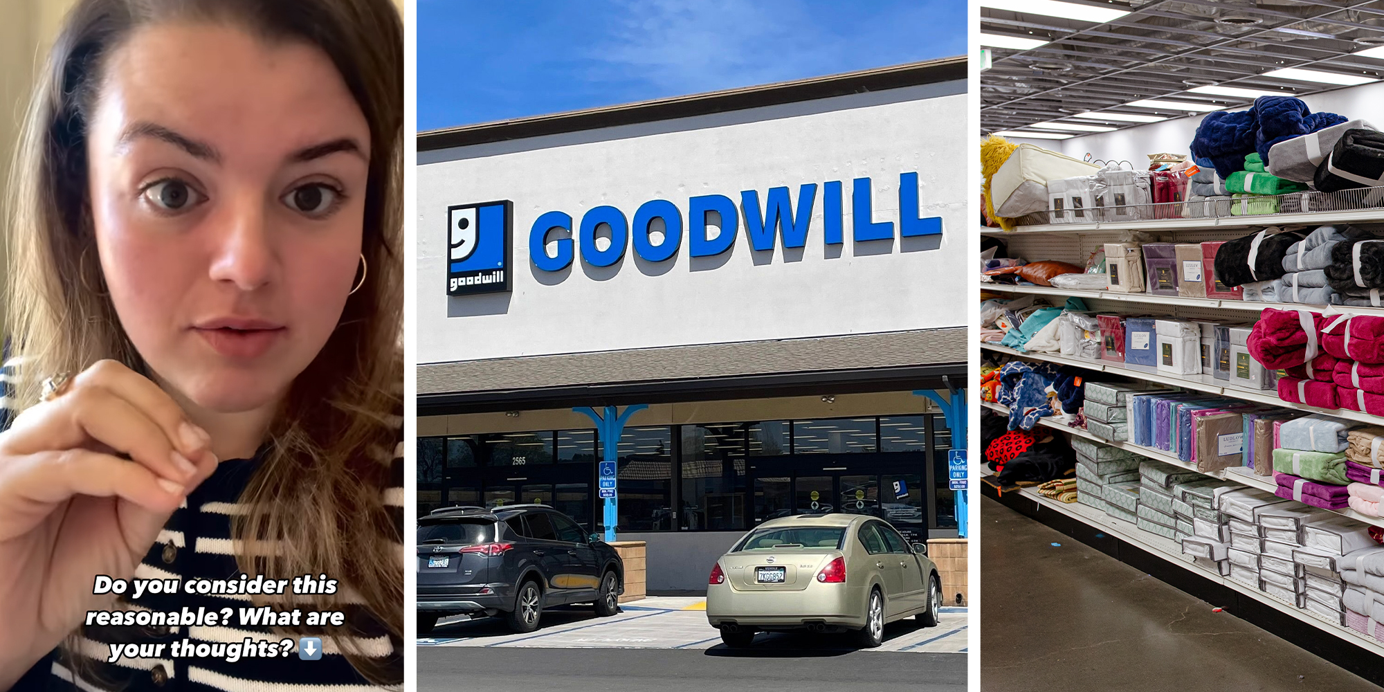 woman shares pricing at goodwill store(l) goodwill store front(c) Inside goodwill store(r)