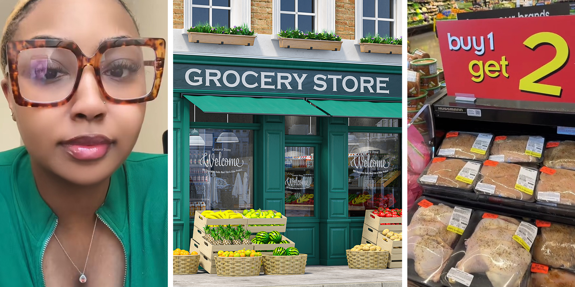 woman with large glasses(l) green building with words Grocery store at the front(c) Buy 1 Get 2 Sign for Meat isle(r)