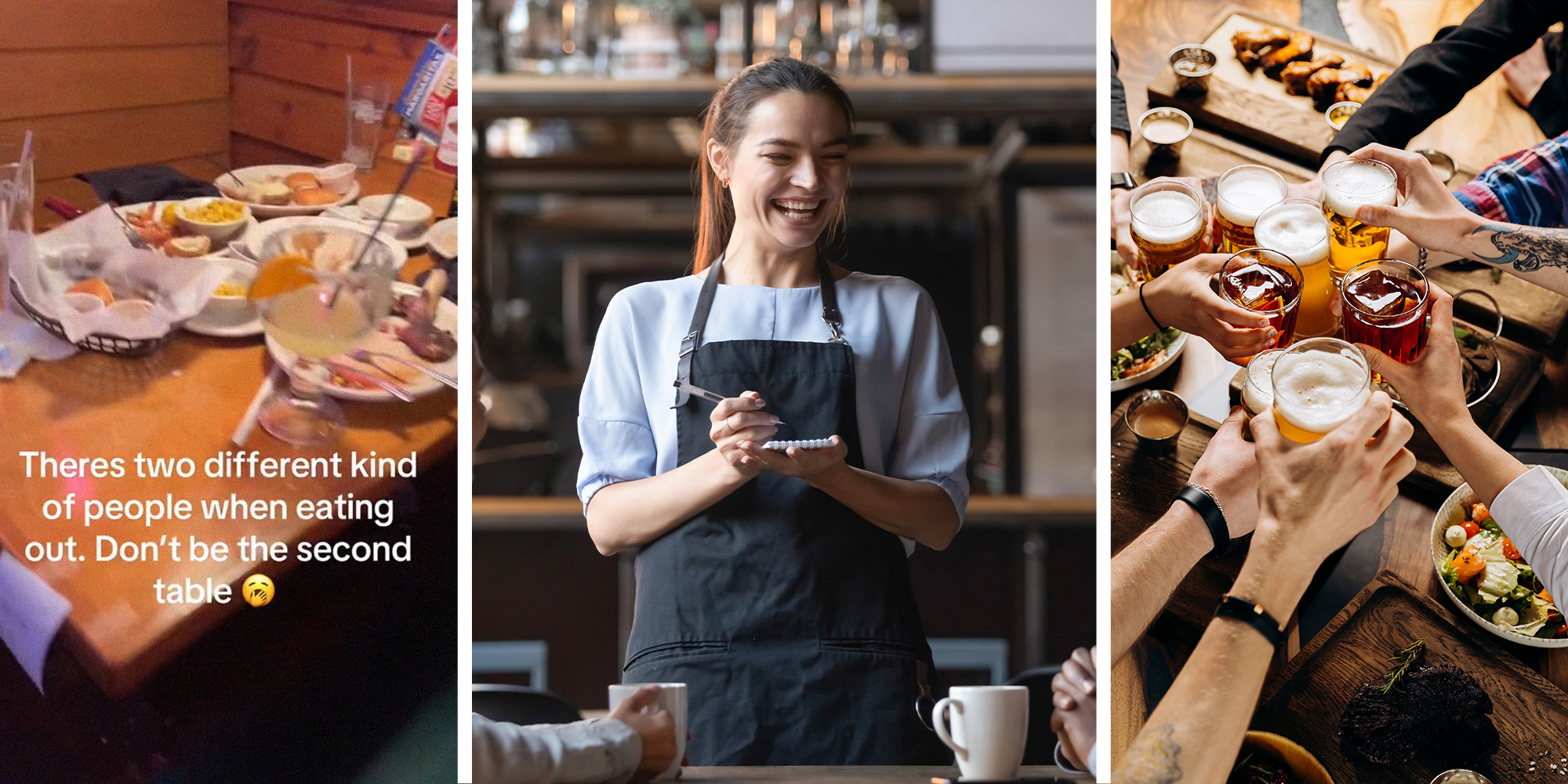 Table left with full messy plates at restaurant(l) Server Taking Order(c) group of people eating (r)