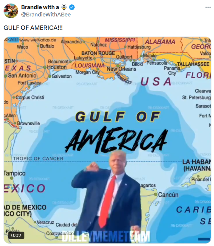 Gulf of America meme with a video of Donald Trump erasing "Mexico" in the gulf's name and replacing it with "America," then dancing.