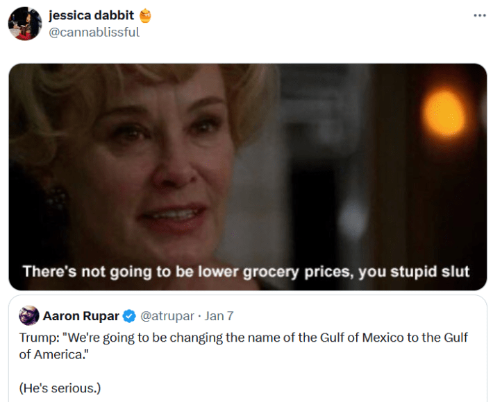 Tweet about grocery prices in the "you stupid slut" format.