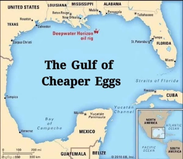 Gulf of America meme with the gulf named "The Gulf of Cheaper Eggs."