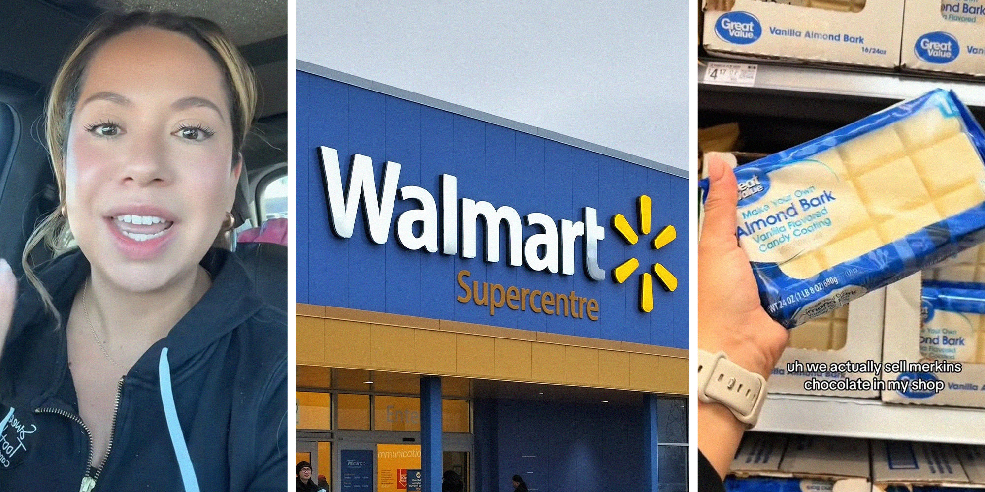 Woman smiling(l) Walmart Store front(c) White Chocolate bar from Great Value(r)