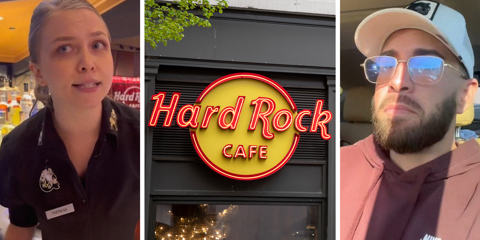 Angry Waitress(l) Hard Rock Cafe Outdoor Sign(c) Man wearing glasses shares experience at Hard Rock Safe(r)