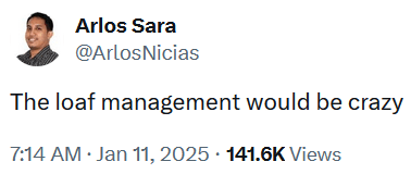Tweet reading "The loaf management would be crazy."