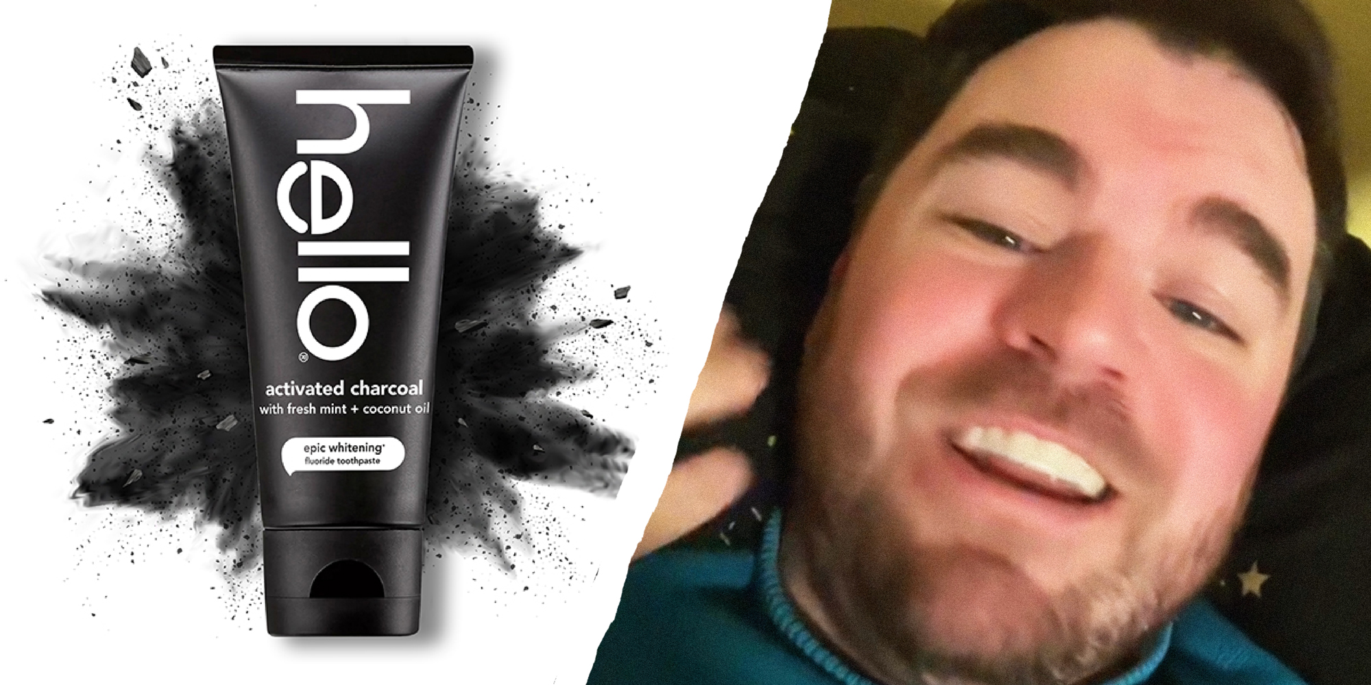 2 panel image, on the left is a tube of Hello activated charcoal toothpaste and on the right is a person showing their smile.