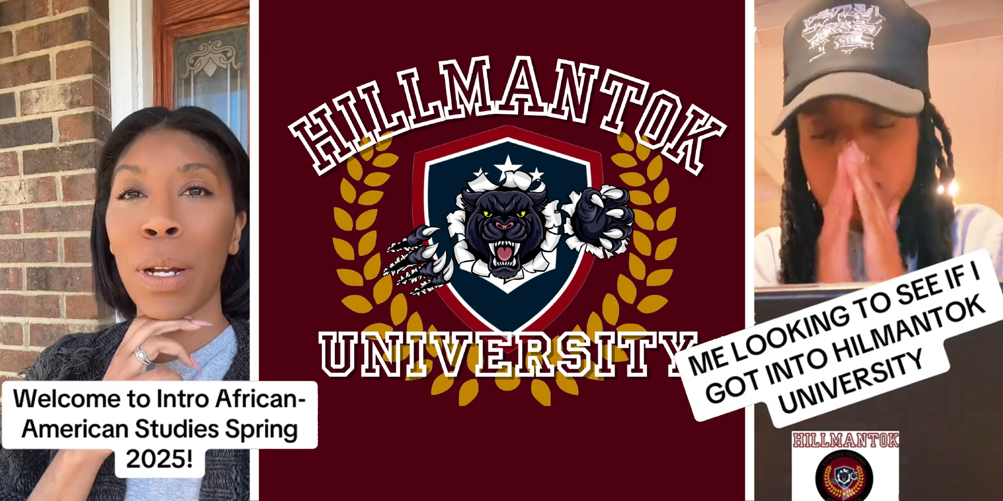 3 panel image. In the middle is the logo for HillmanTok University. On the left side a professor speaks. On the right a person prays in front of their computer.