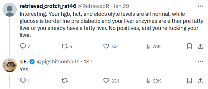 Tweet reading "Interesting. Your hgb, hct, and electrolyte levels are all normal, while glucose is borderline pre diabetic and your liver enzymes are either pre fatty liver or you already have a fatty liver. No positives, and you’re fucking your liver." The responding tweet says "Yes."
