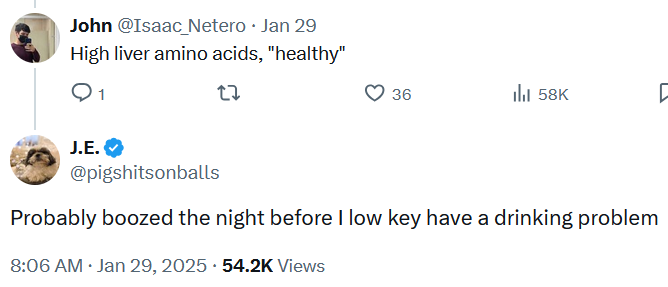 Horse electrolytes guy tweet reply reading "Probably boozed the night before I low key have a drinking problem."