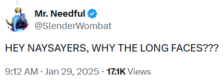 Tweet reading "HEY NAYSAYERS, WHY THE LONG FACES???"