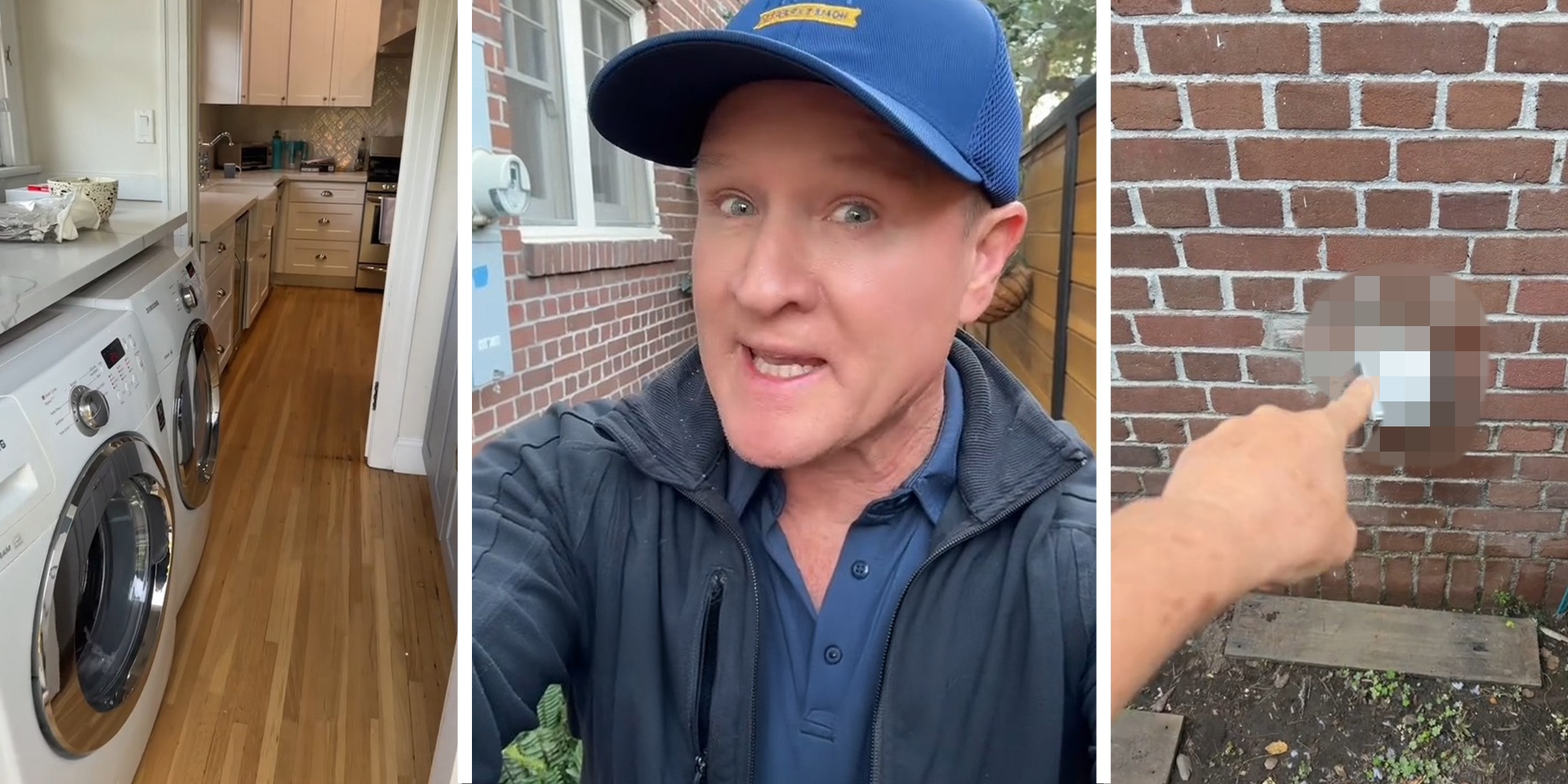 Kitchen and Wash Room(l) Man sharing tips to avoid rodents in home(c) Blurred wall(r)